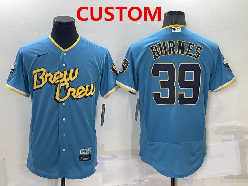 Men%27s Milwaukee Brewers Custom Blue 2022 City Connect Flex Base Stitched Jersey->customized mlb jersey->Custom Jersey